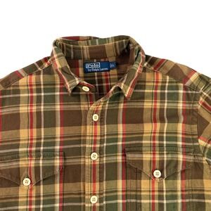 Polo Ralph Lauren Shirt Mens Large Brown Olive Plaid Dual Pocket Western Work